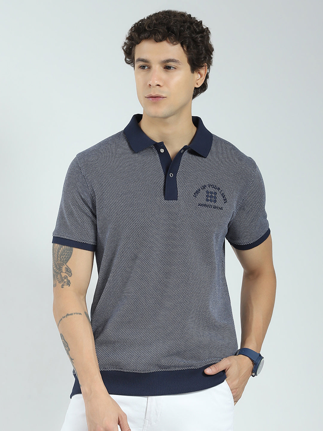 Rock.it Men Navy Blue Self Design Collar Half Sleeve T-Shirt