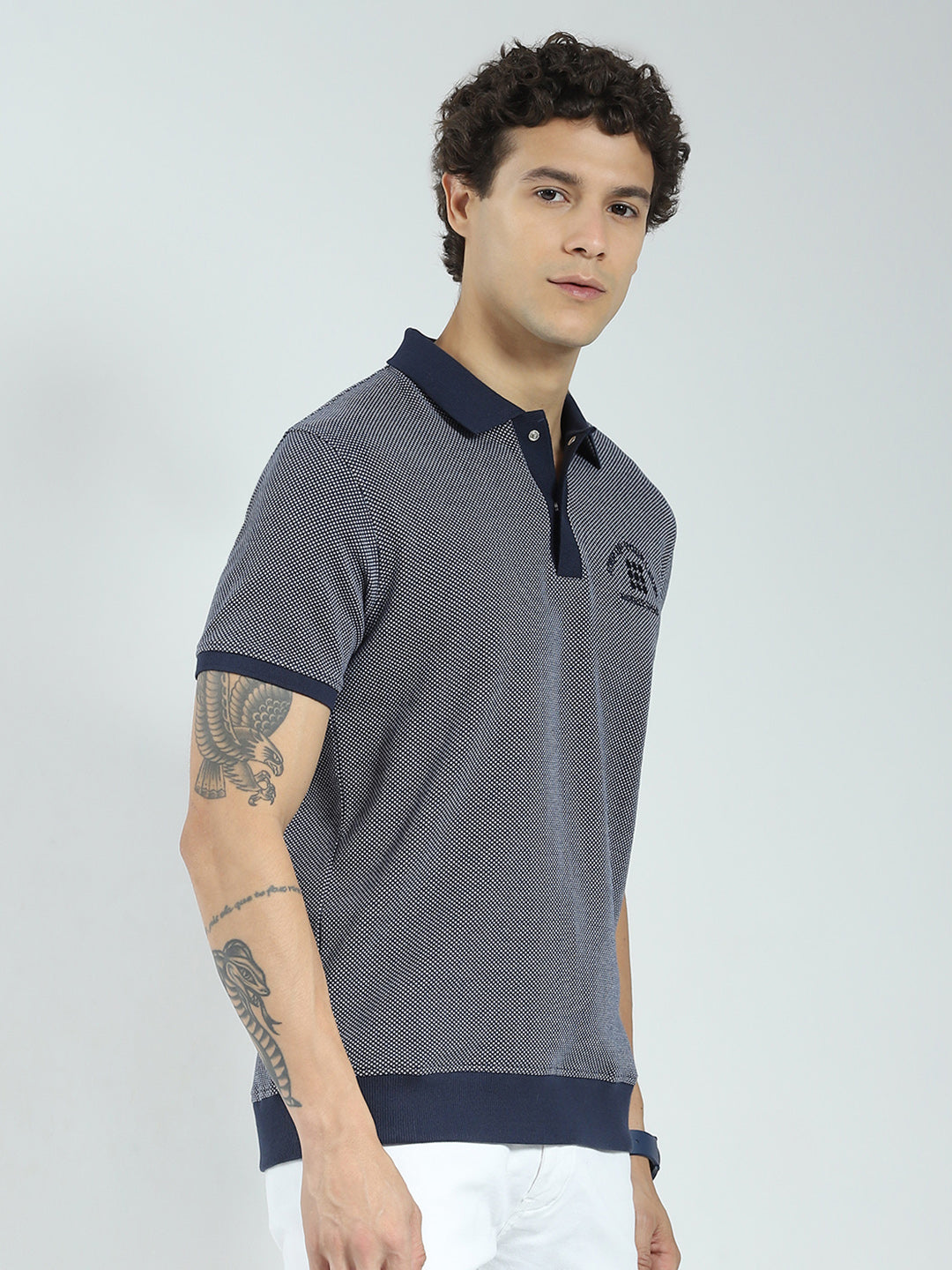 Rock.it Men Navy Blue Self Design Collar Half Sleeve T-Shirt