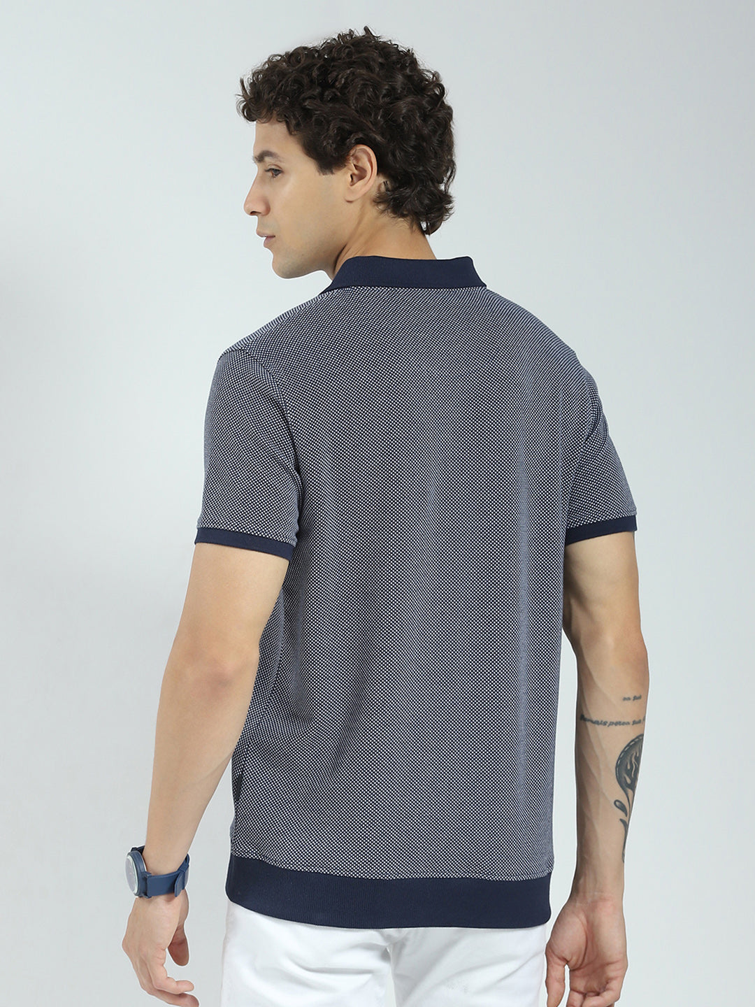 Rock.it Men Navy Blue Self Design Collar Half Sleeve T-Shirt