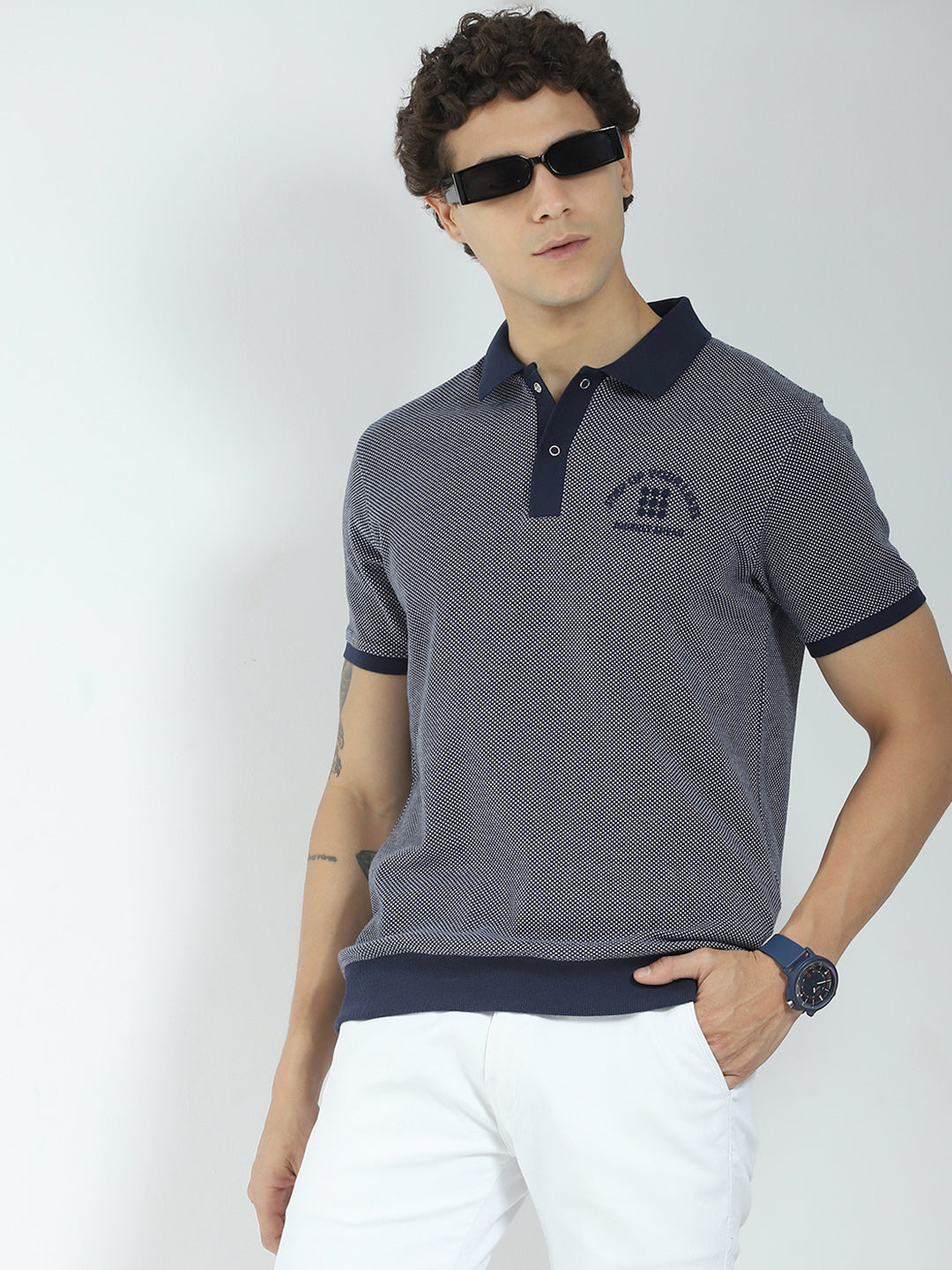 Rock.it Men Navy Blue Self Design Collar Half Sleeve T-Shirt