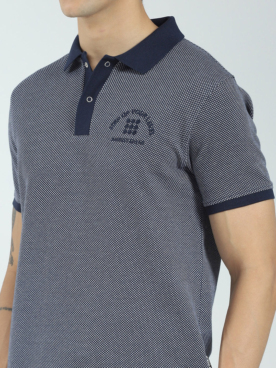 Rock.it Men Navy Blue Self Design Collar Half Sleeve T-Shirt