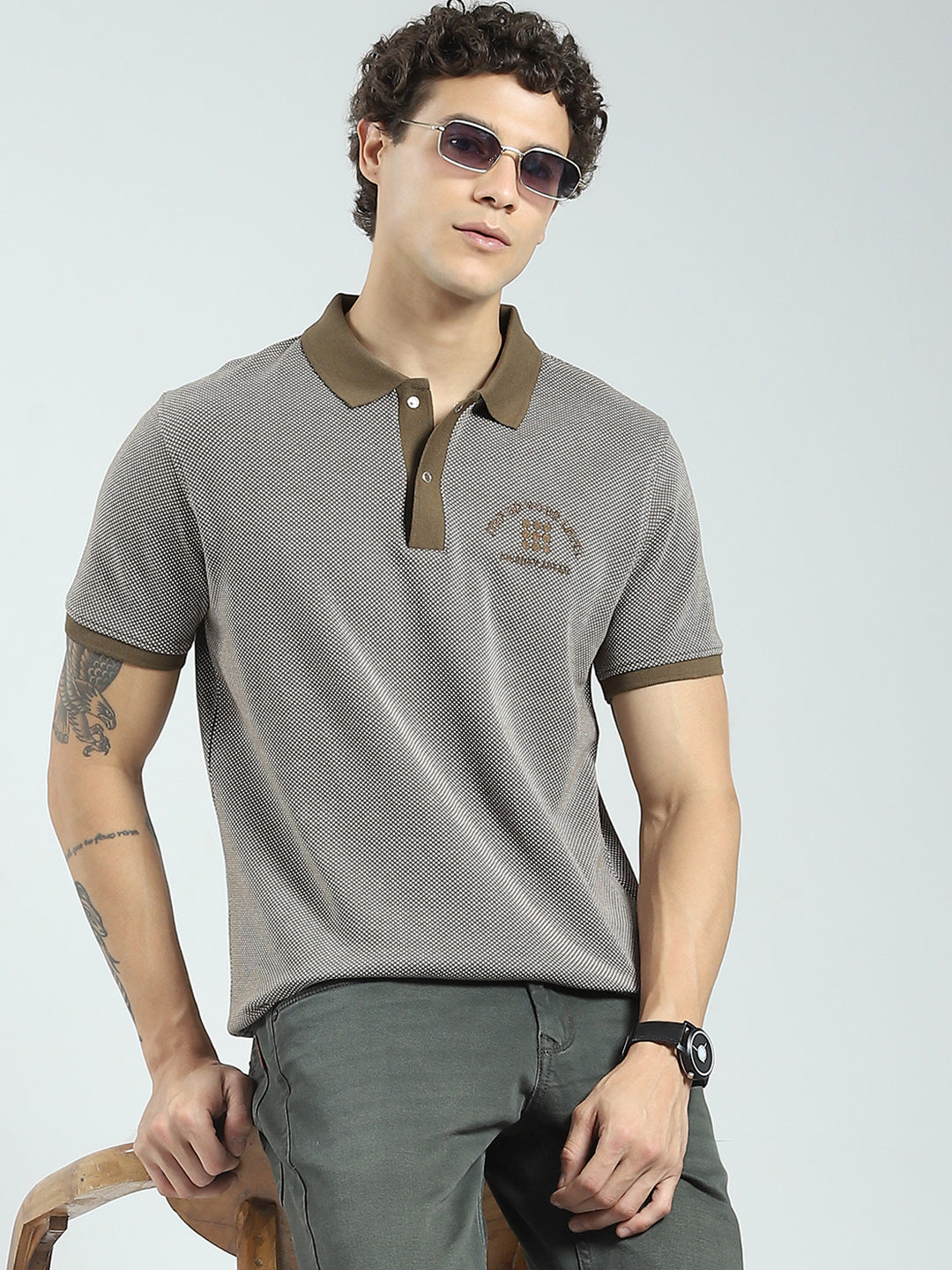 Rock.it Men Green Self Design Collar Half Sleeve T-Shirt