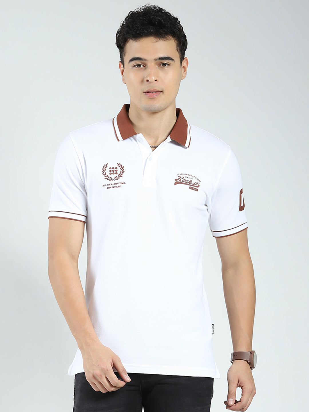 Rock.it Men White Printed Collar Half Sleeve T-Shirt