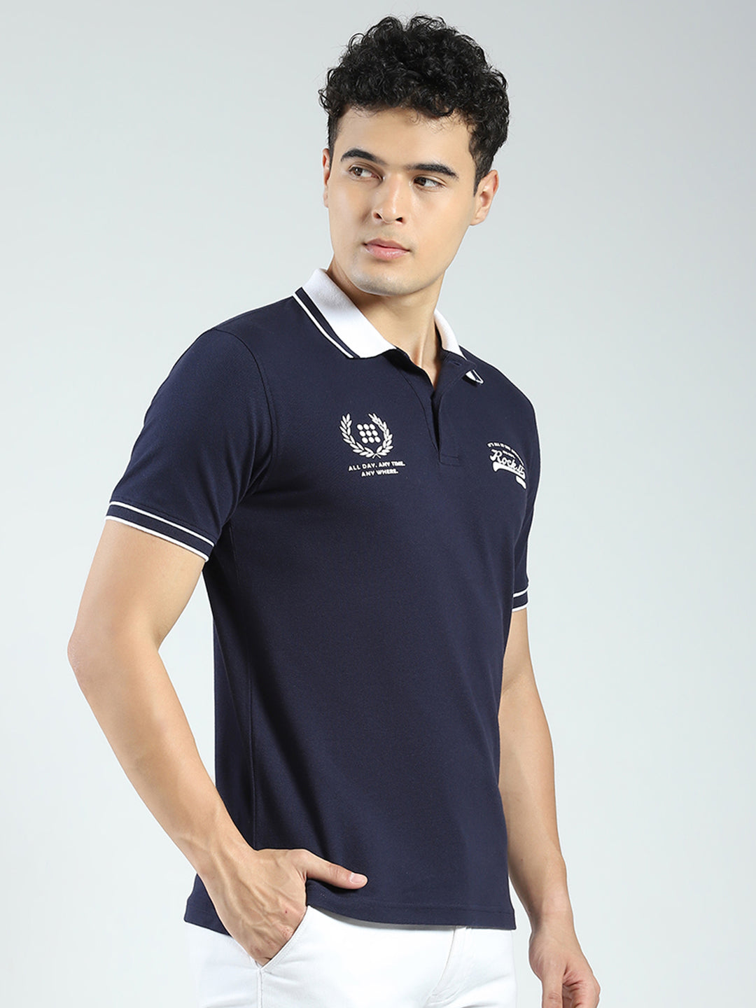 Rock.it Men Navy Blue Printed Collar Half Sleeve T-Shirt