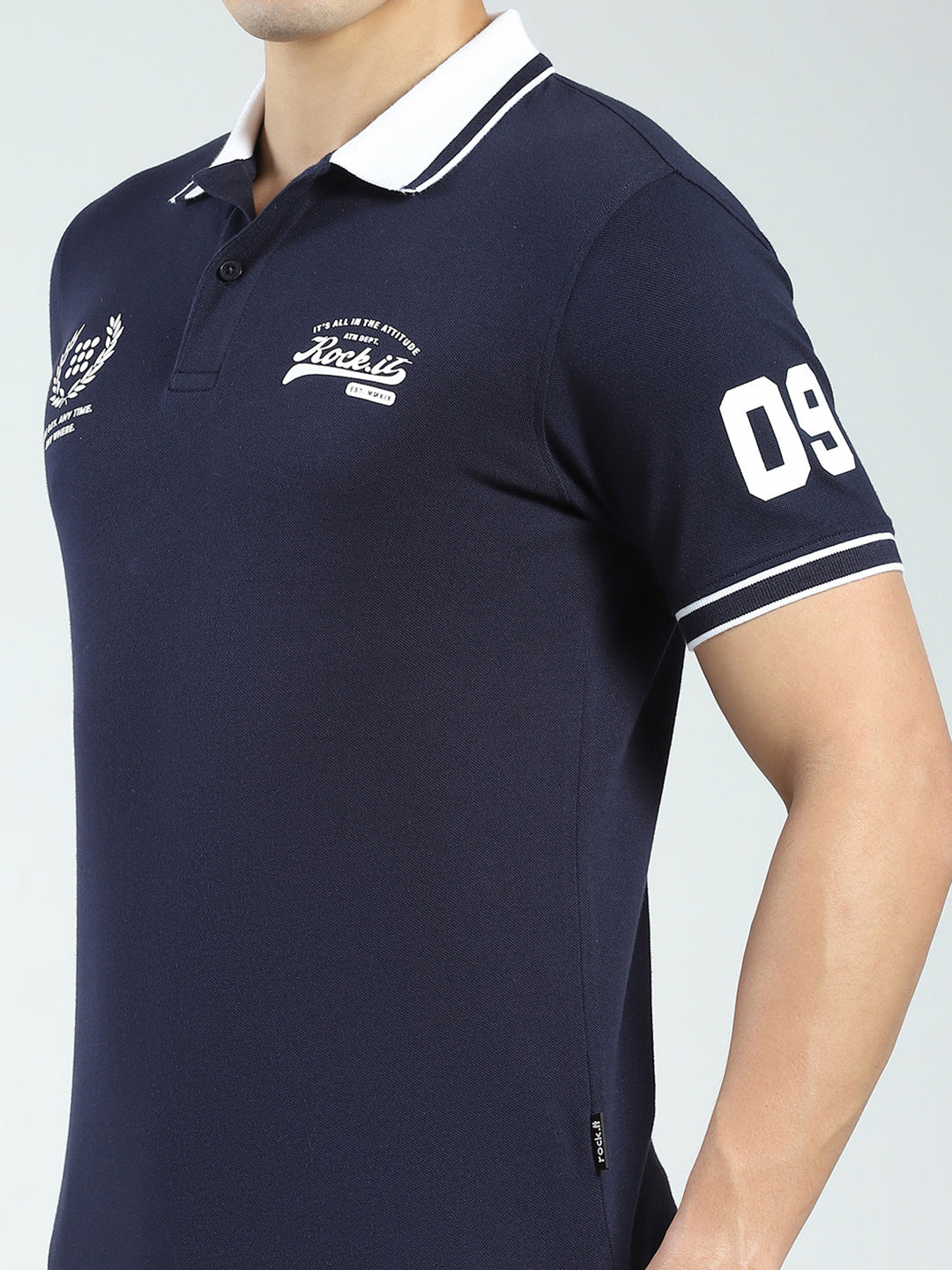 Rock.it Men Navy Blue Printed Collar Half Sleeve T-Shirt
