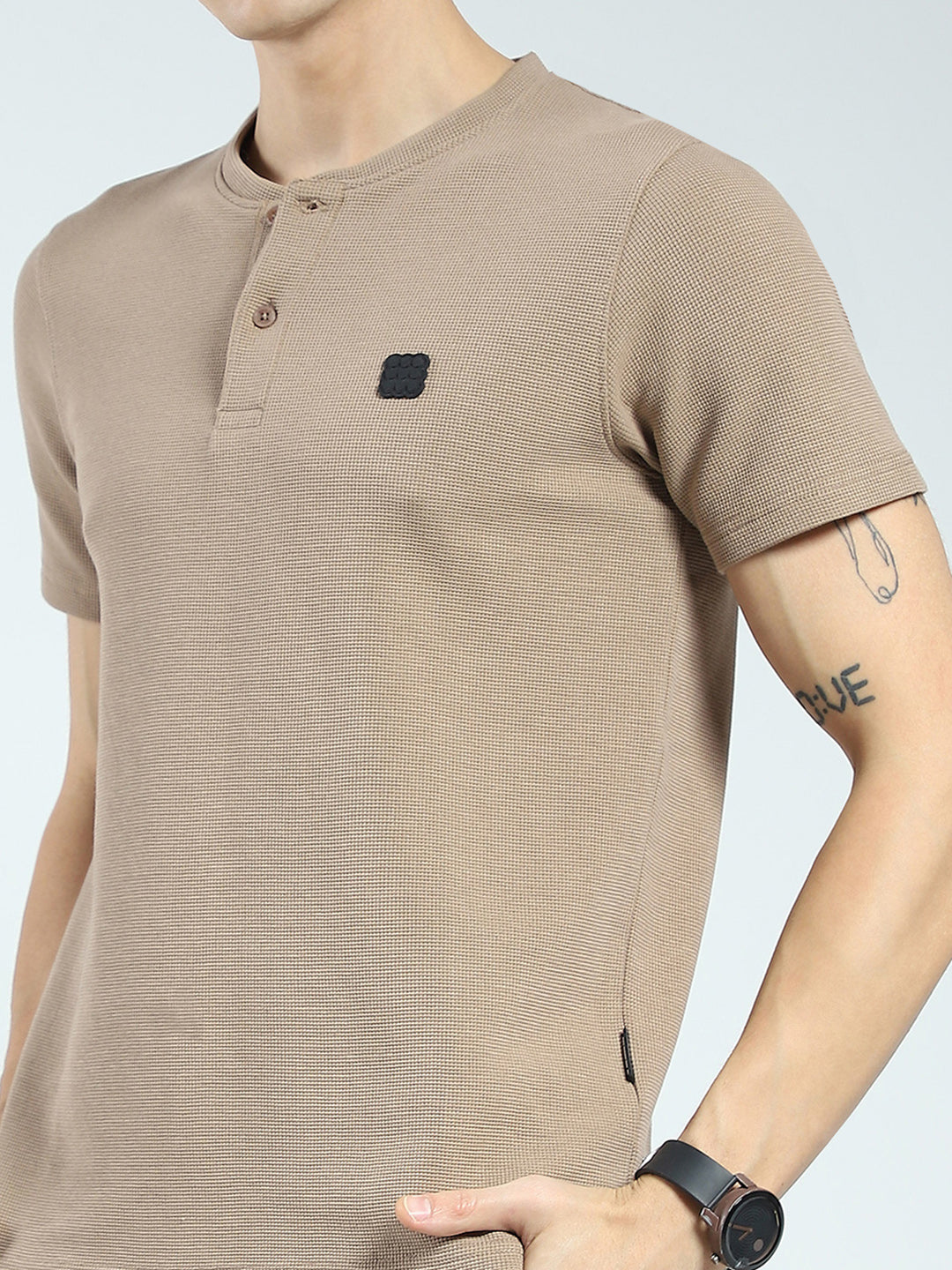 Rock.it Men Beige Solid Round Neck Half Sleeve T-Shirt