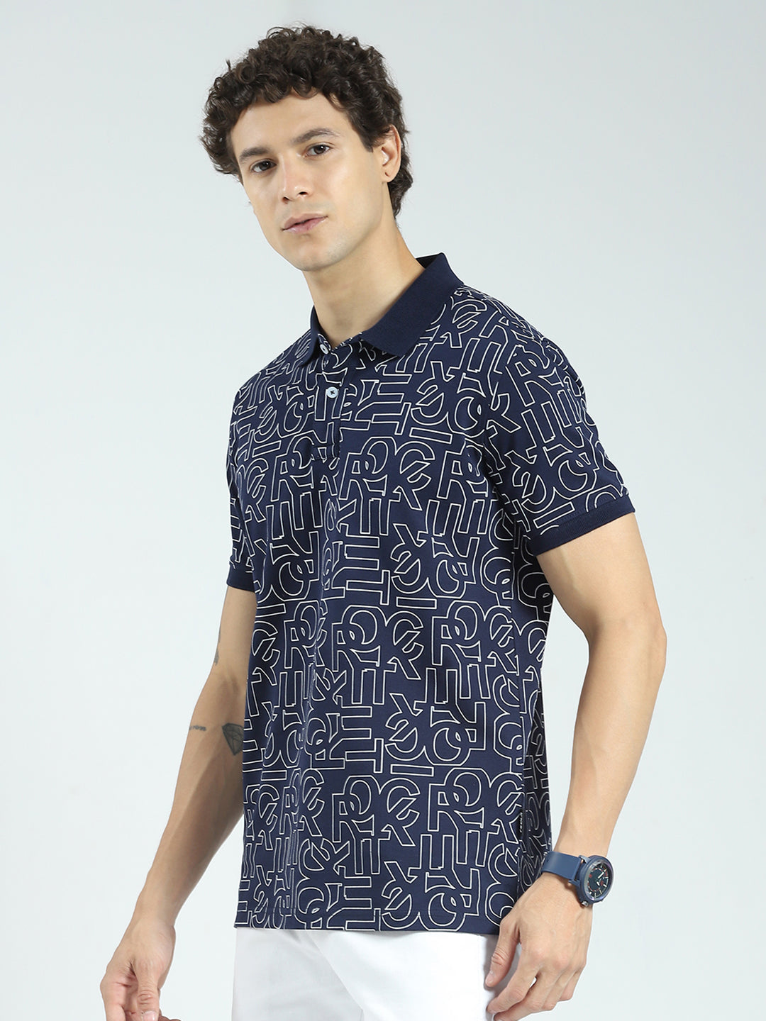 Rock.it Men Navy Blue Printed Collar Half Sleeve T-Shirt