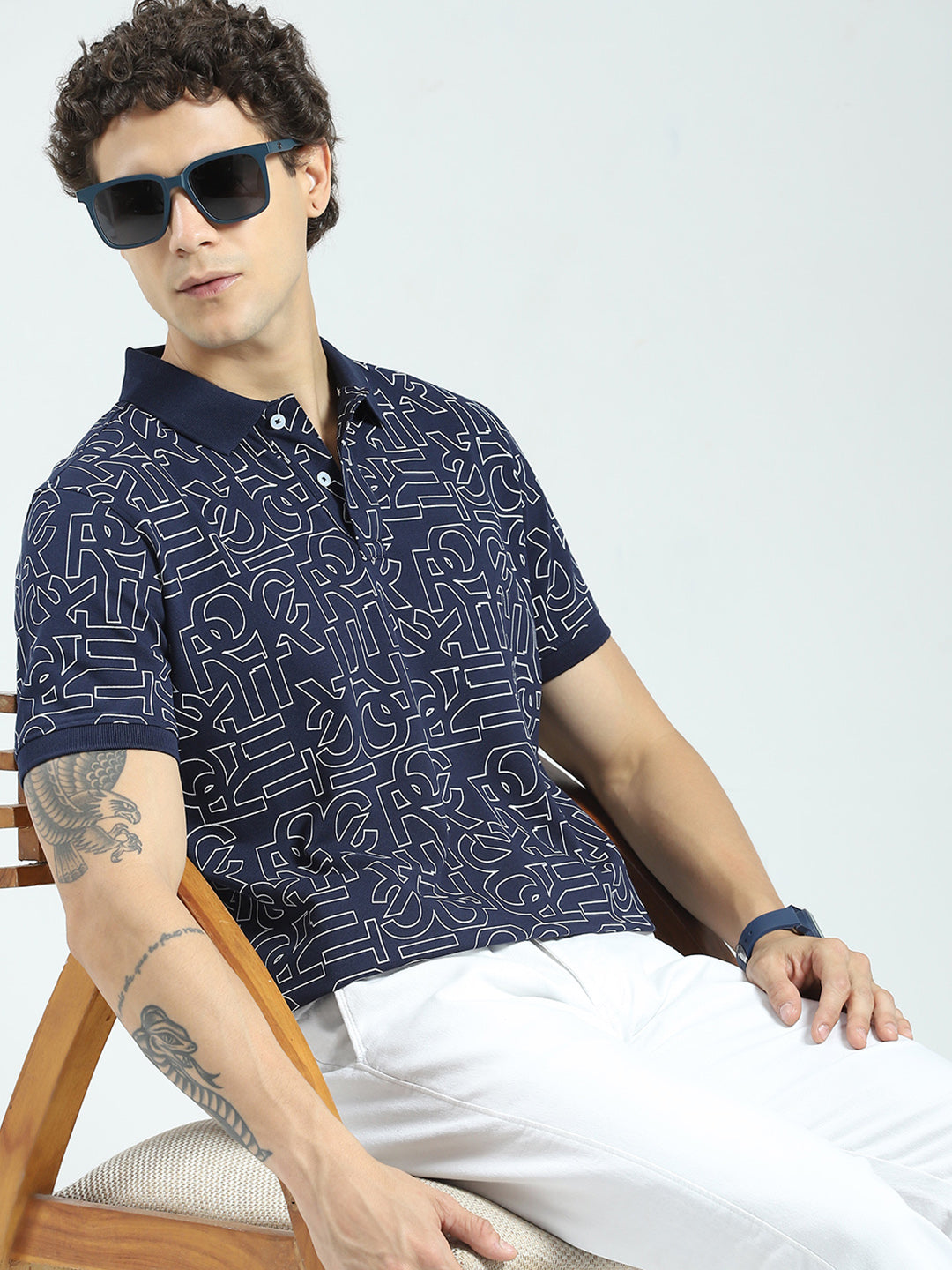 Rock.it Men Navy Blue Printed Collar Half Sleeve T-Shirt