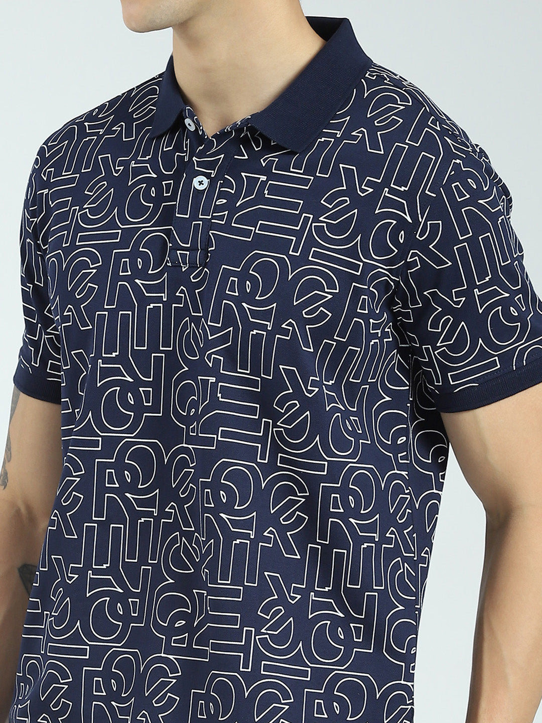 Rock.it Men Navy Blue Printed Collar Half Sleeve T-Shirt