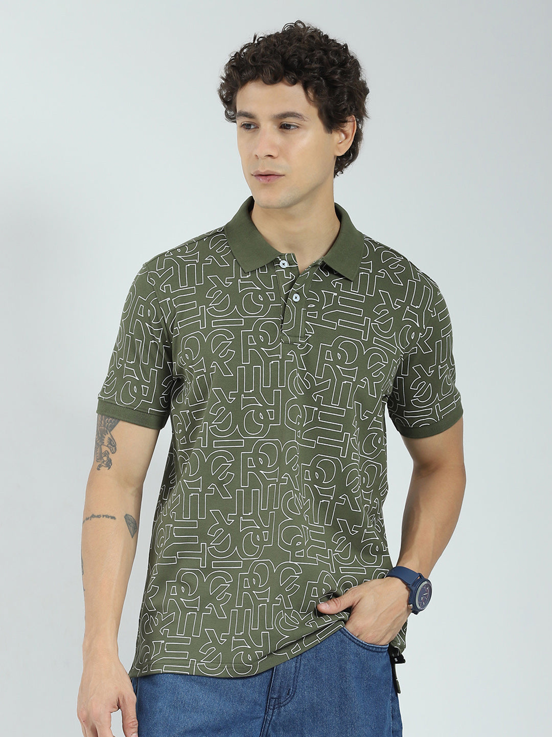 Rock.it Men Olive Printed Collar Half Sleeve T-Shirt