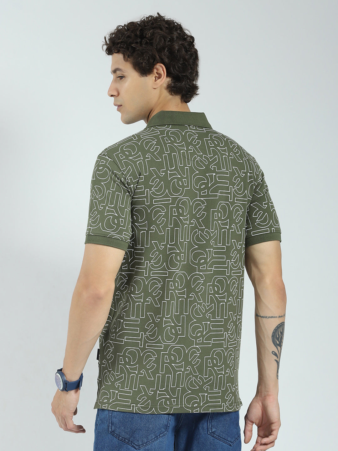 Rock.it Men Olive Printed Collar Half Sleeve T-Shirt