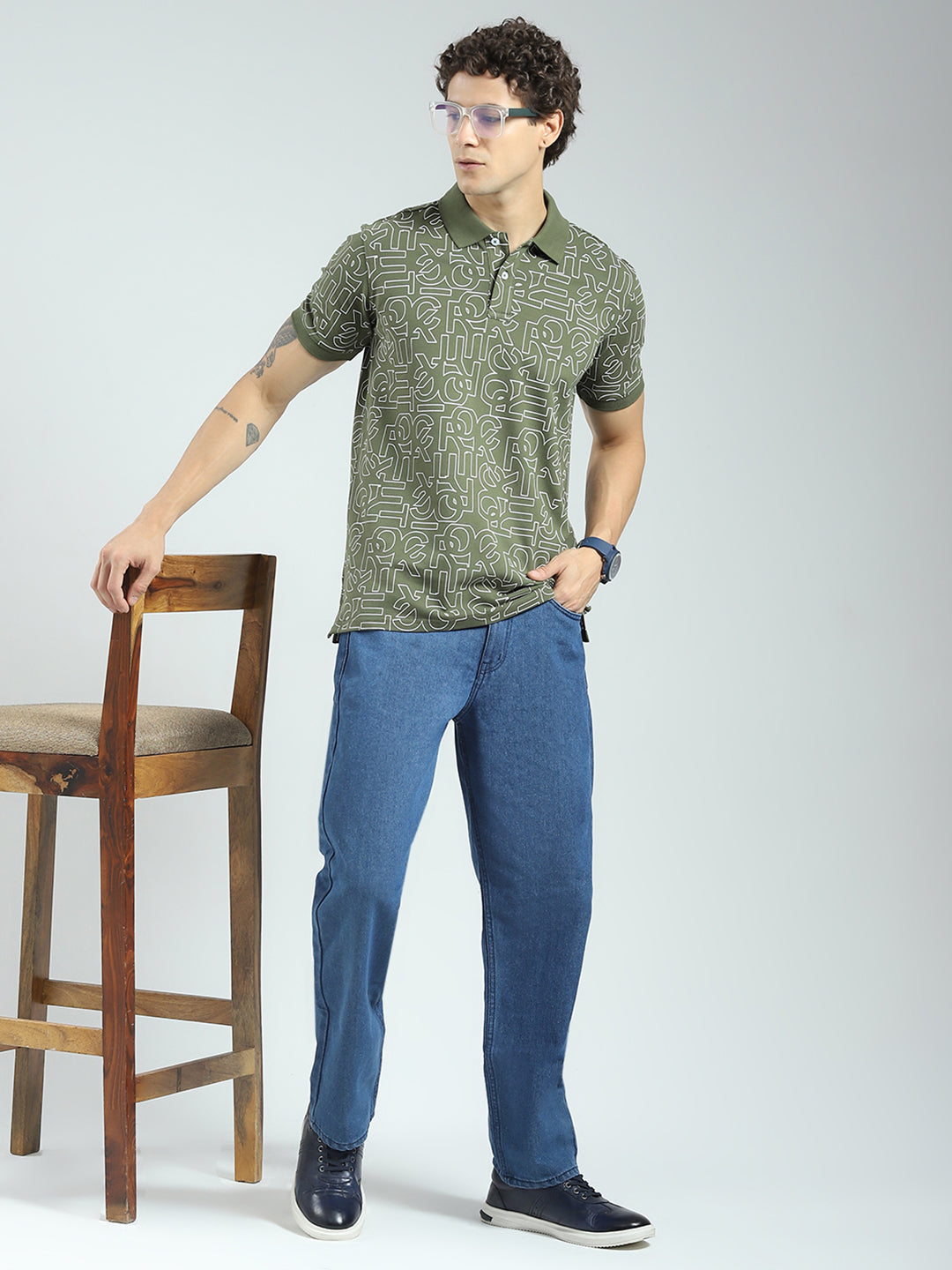 Rock.it Men Olive Printed Collar Half Sleeve T-Shirt