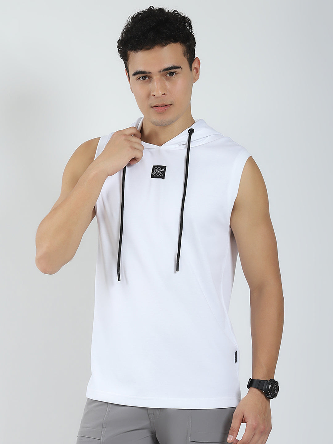 Rock.it Men White Solid Hooded Sleeveless T-Shirt