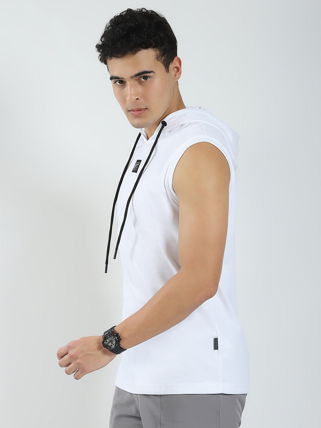 Rock.it Men White Solid Hooded Sleeveless T-Shirt