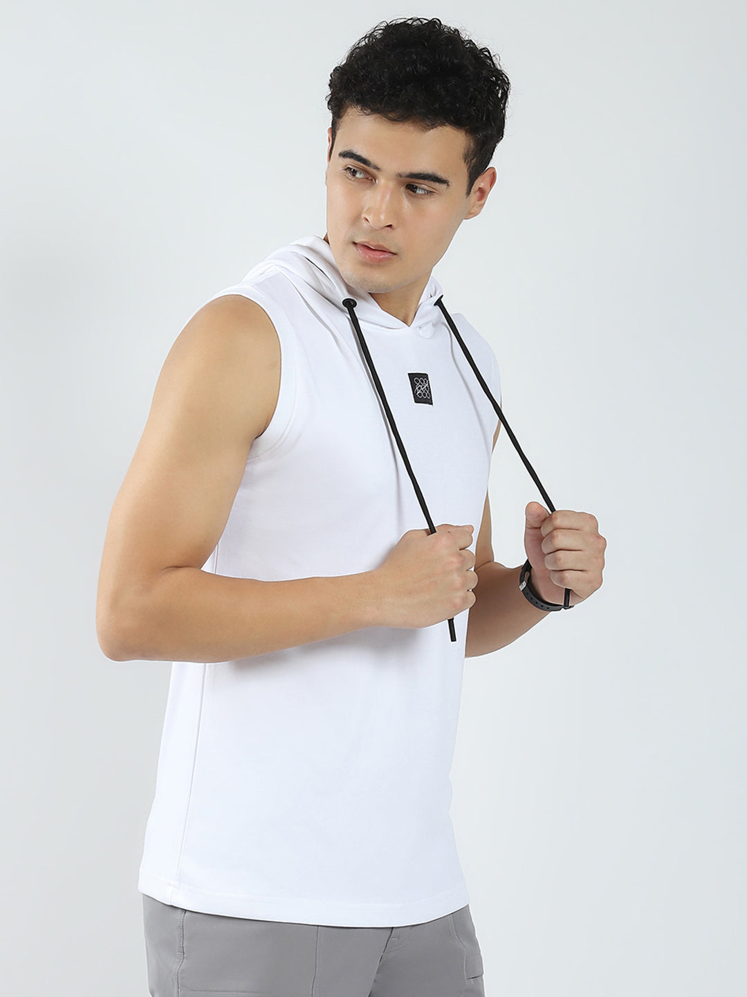 Rock.it Men White Solid Hooded Sleeveless T-Shirt
