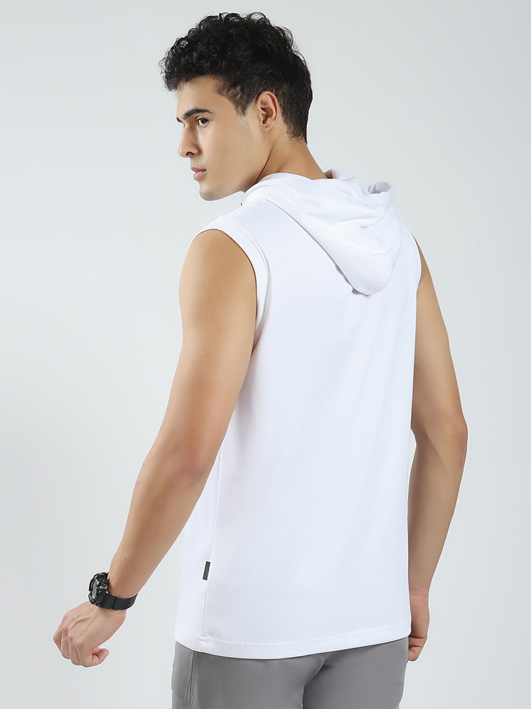 Rock.it Men White Solid Hooded Sleeveless T-Shirt
