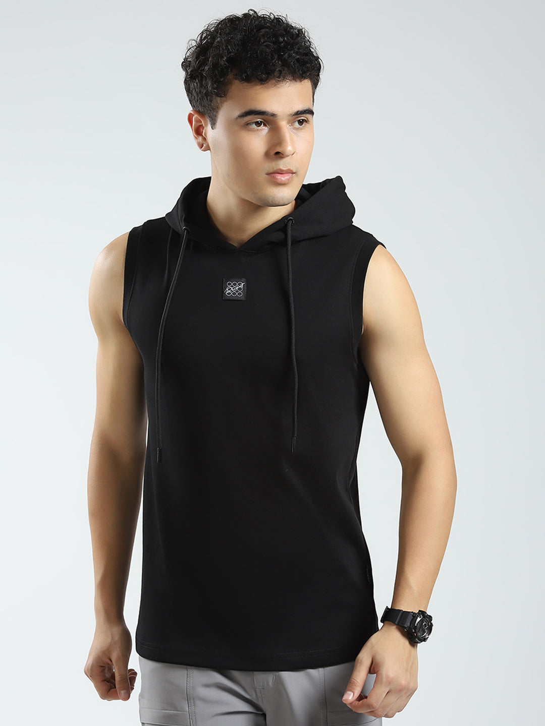 Rock.it Men Black Solid Hooded Sleeveless T-Shirt
