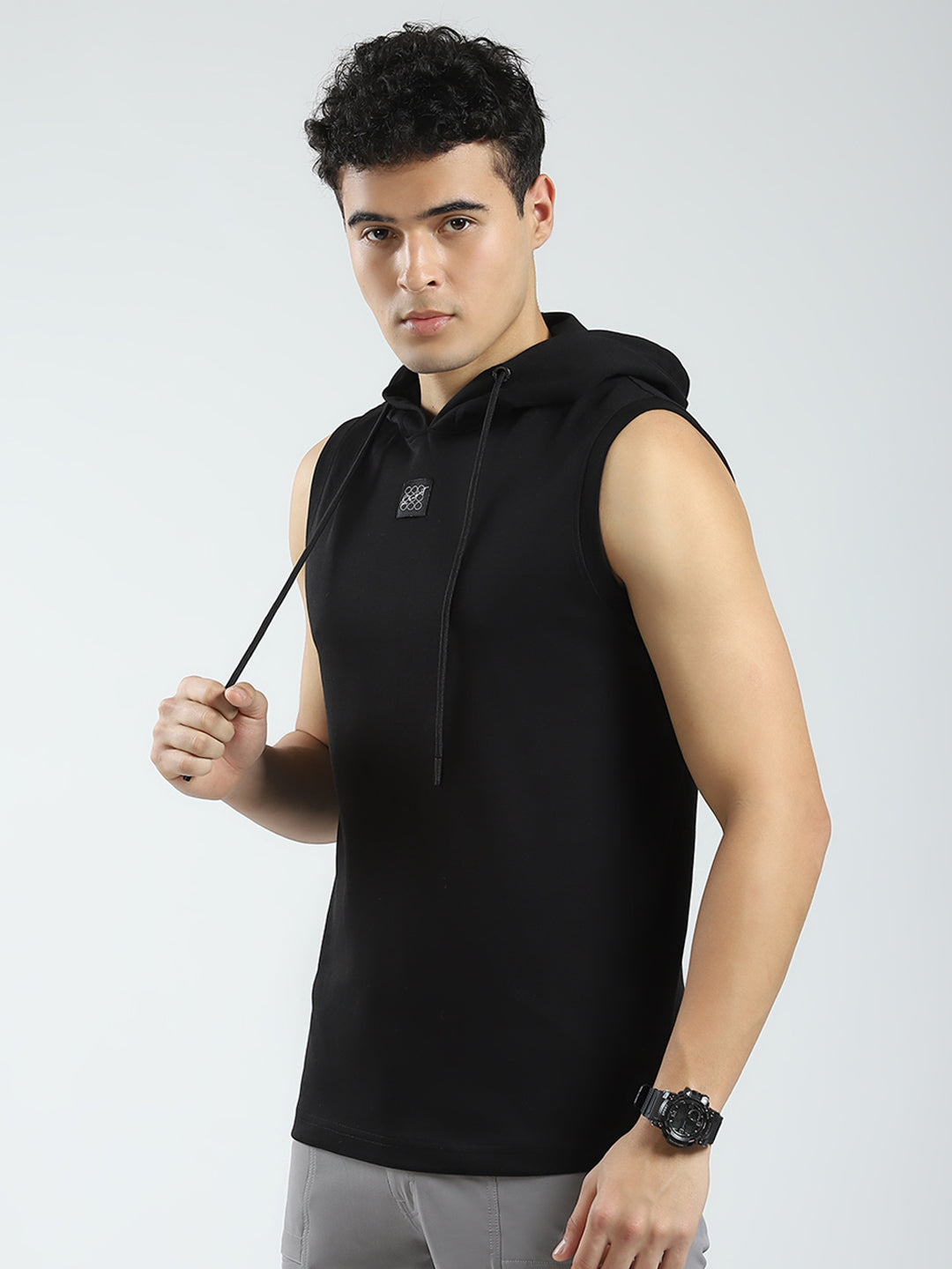 Rock.it Men Black Solid Hooded Sleeveless T-Shirt
