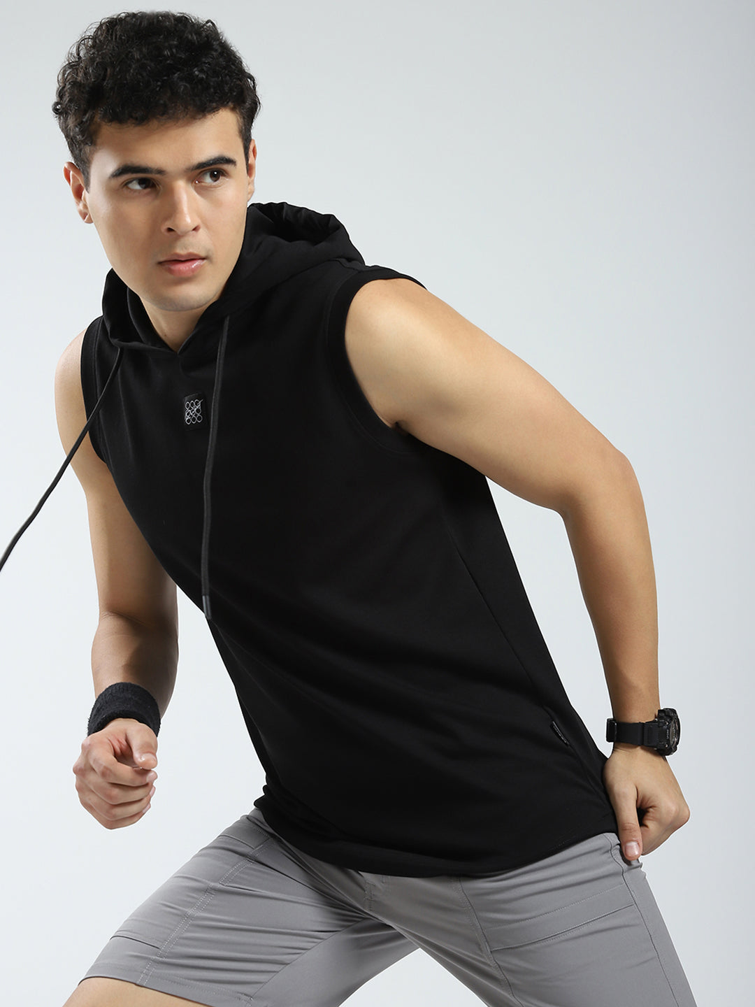 Rock.it Men Black Solid Hooded Sleeveless T-Shirt