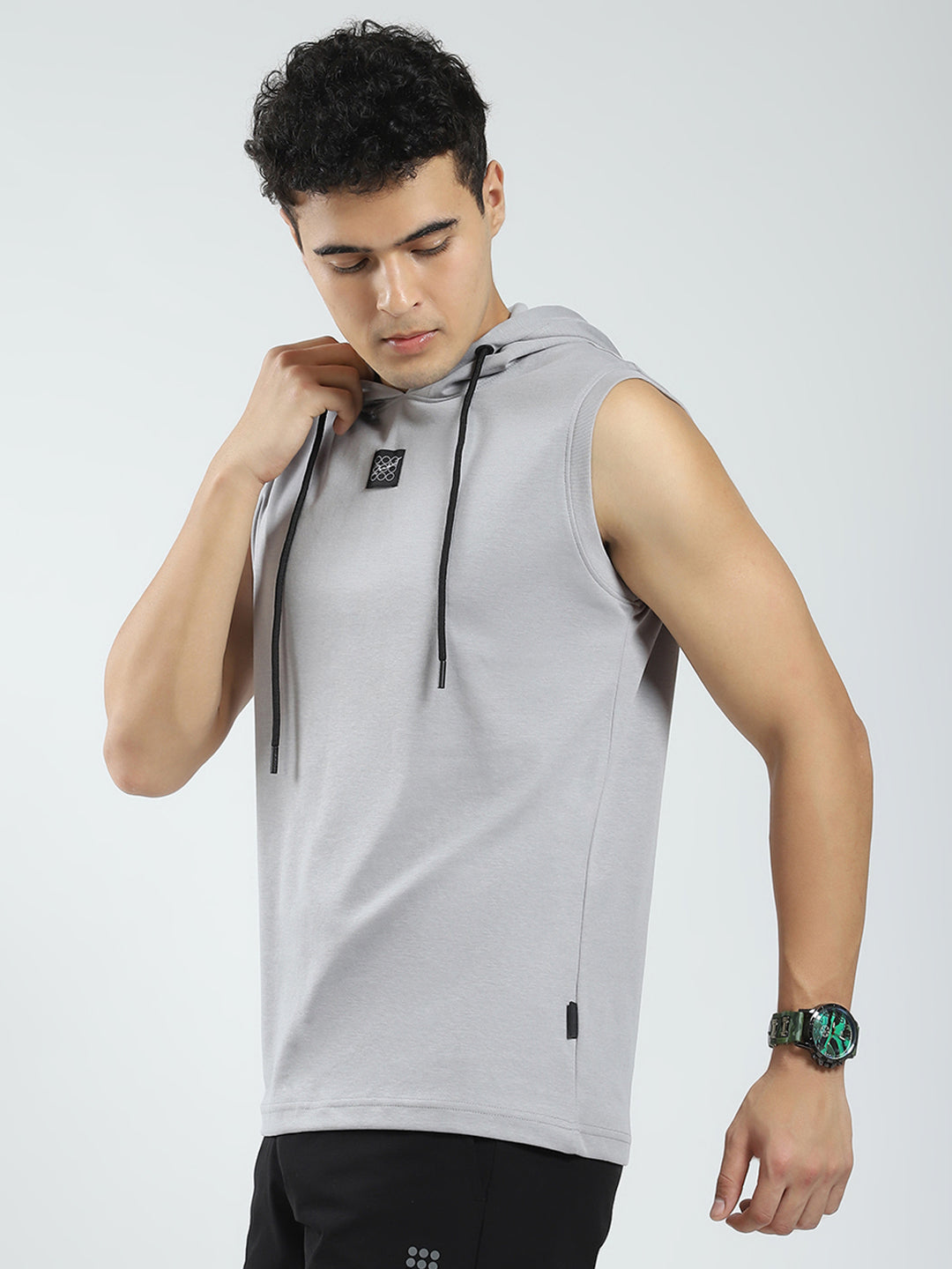 Rock.it Men Grey Solid Hooded Sleeveless T-Shirt