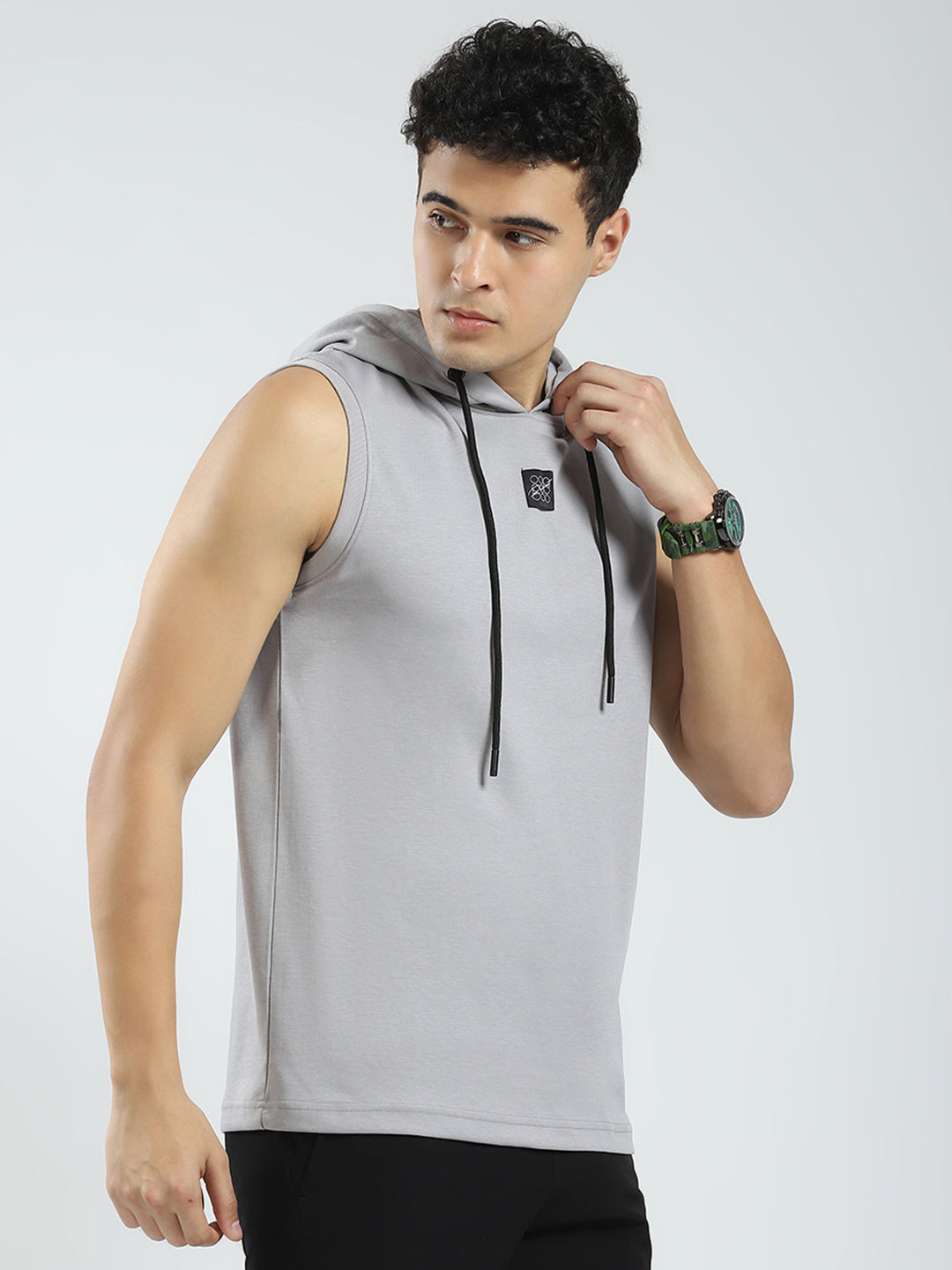 Rock.it Men Grey Solid Hooded Sleeveless T-Shirt