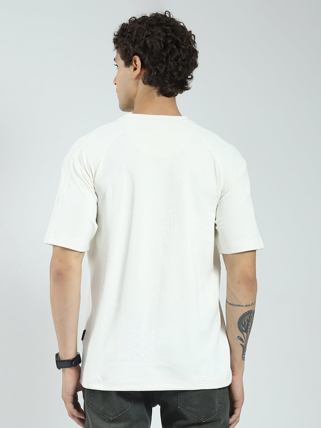 Rock.it Men Off White Self Design Round Neck Half Sleeve T-Shirt