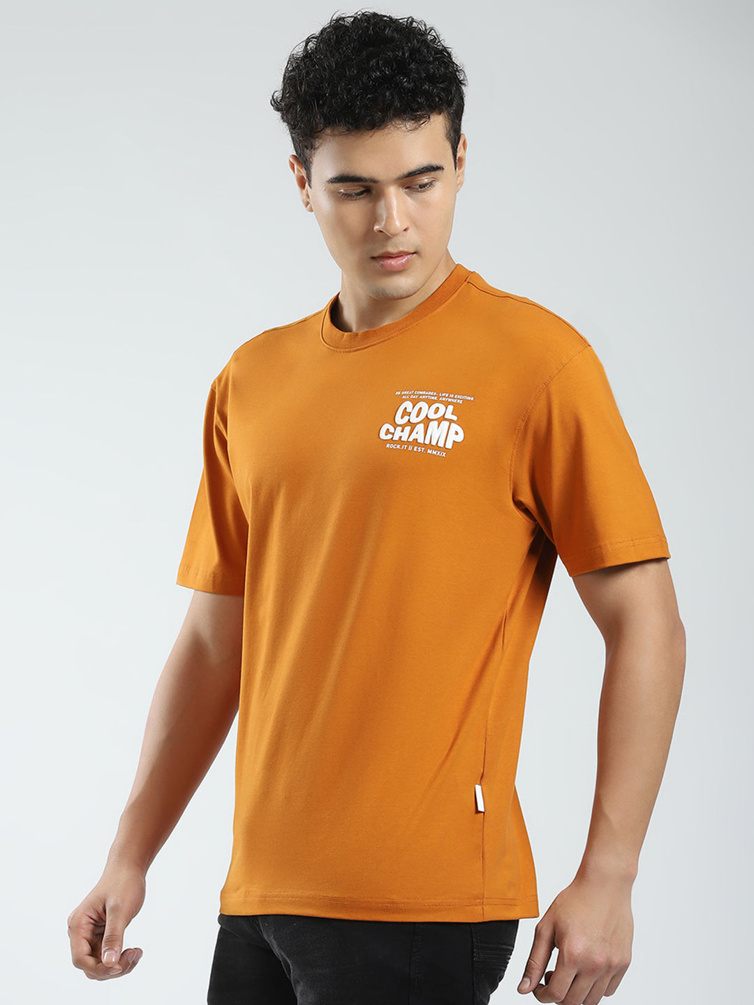 Rock.it Men Mustard Printed Round Neck Half Sleeve T-Shirt