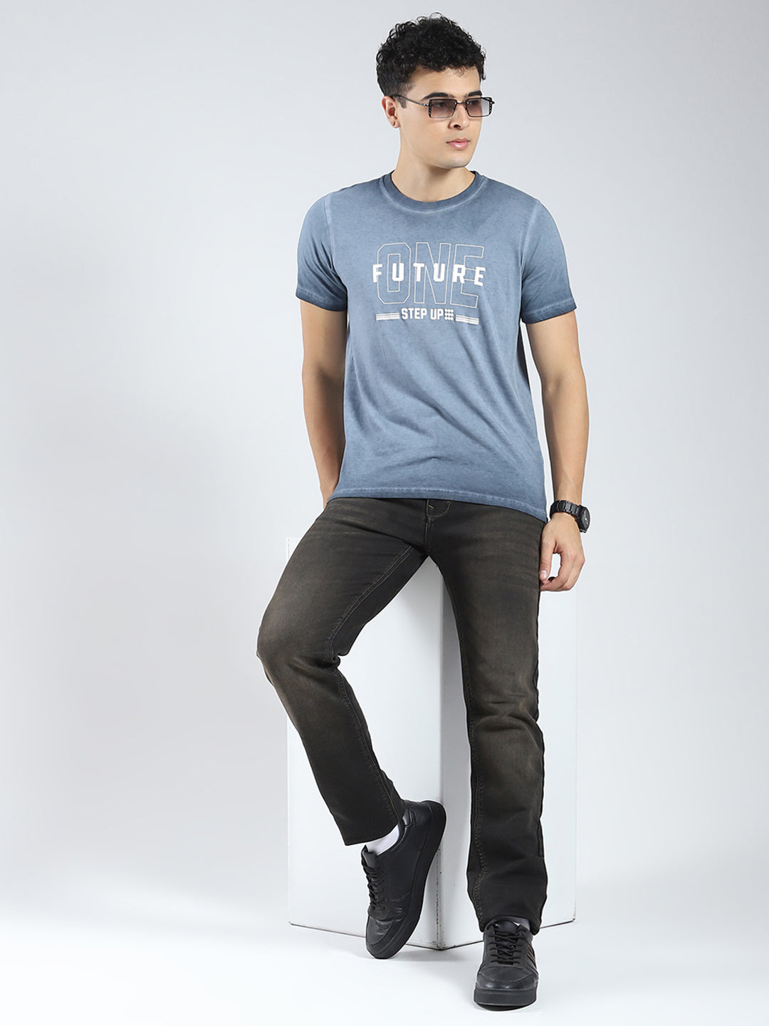 Rock.it Men Blue Printed Round Neck Half Sleeve T-Shirt