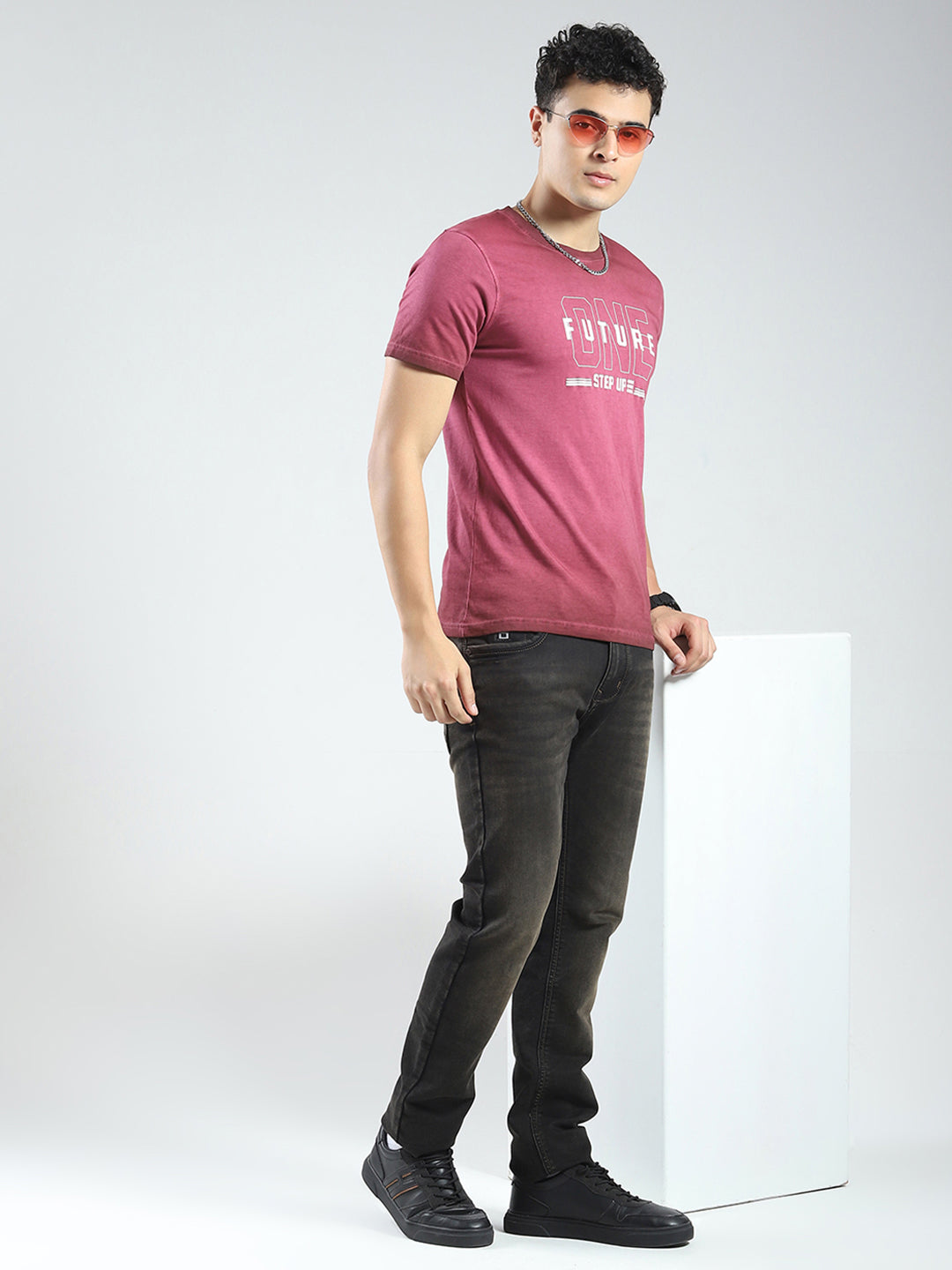 Rock.it Men Burgundy Printed Round Neck Half Sleeve T-Shirt
