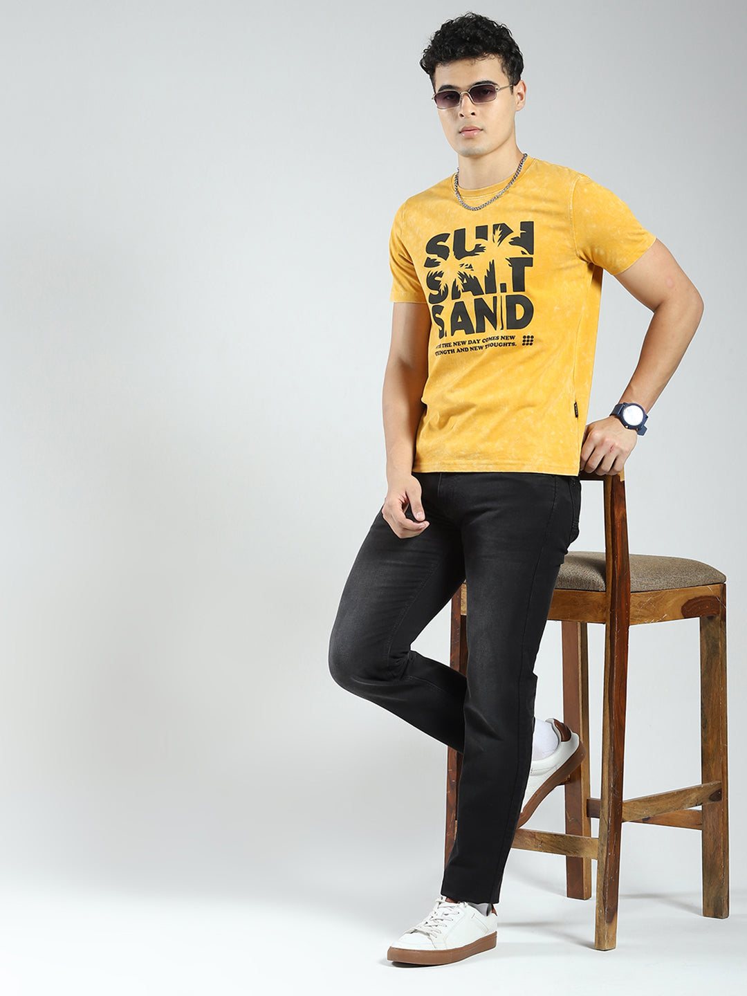 Rock.it Men Mustard Printed Round Neck Half Sleeve T-Shirt