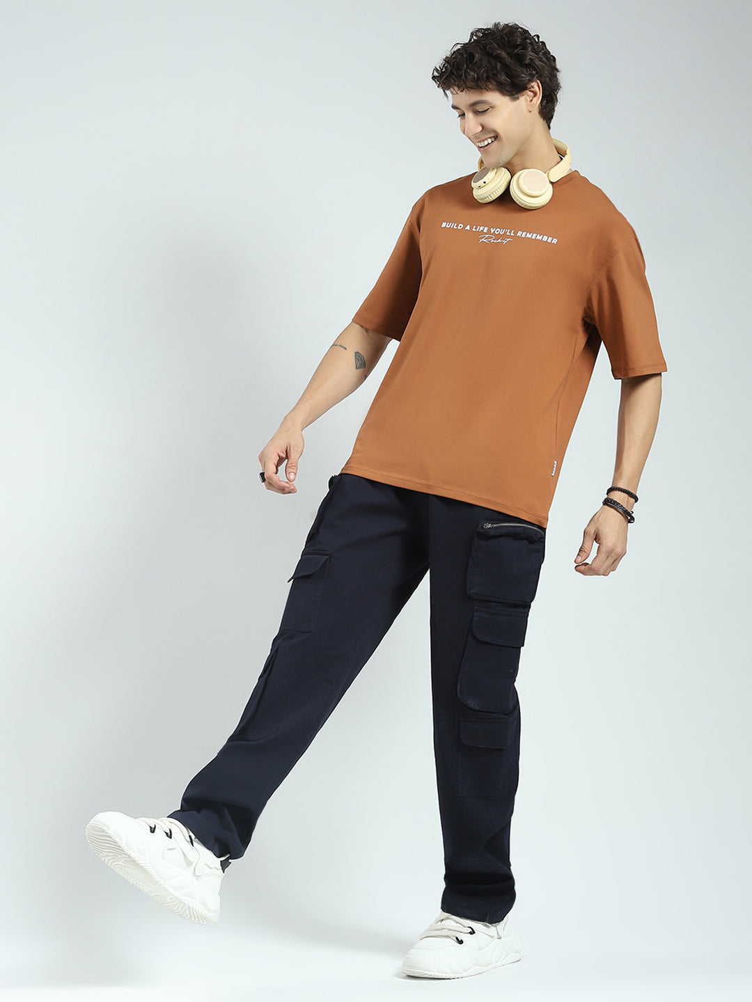 Rock.it Men Camel Brown Printed Round Neck Half Sleeve T-Shirt