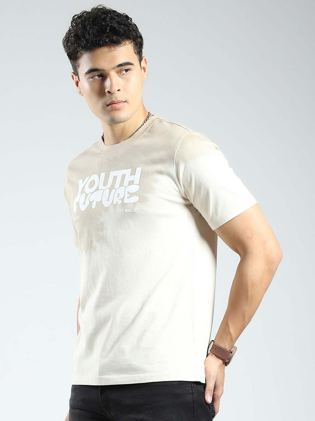 Rock.it Men Beige Printed Round Neck Half Sleeve T-Shirt