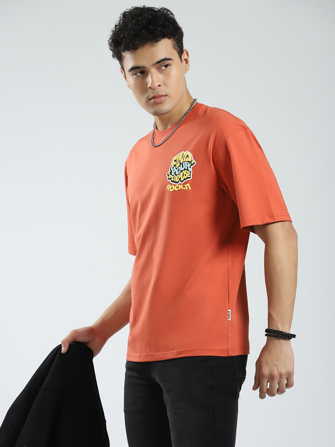 Rock.it Men Rust Printed Round Neck Half Sleeve T-Shirt