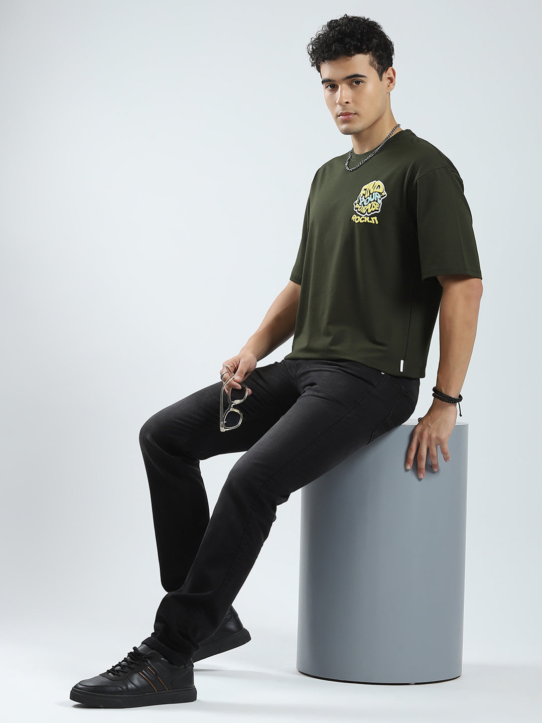 Rock.it Men Olive Printed Round Neck Half Sleeve T-Shirt