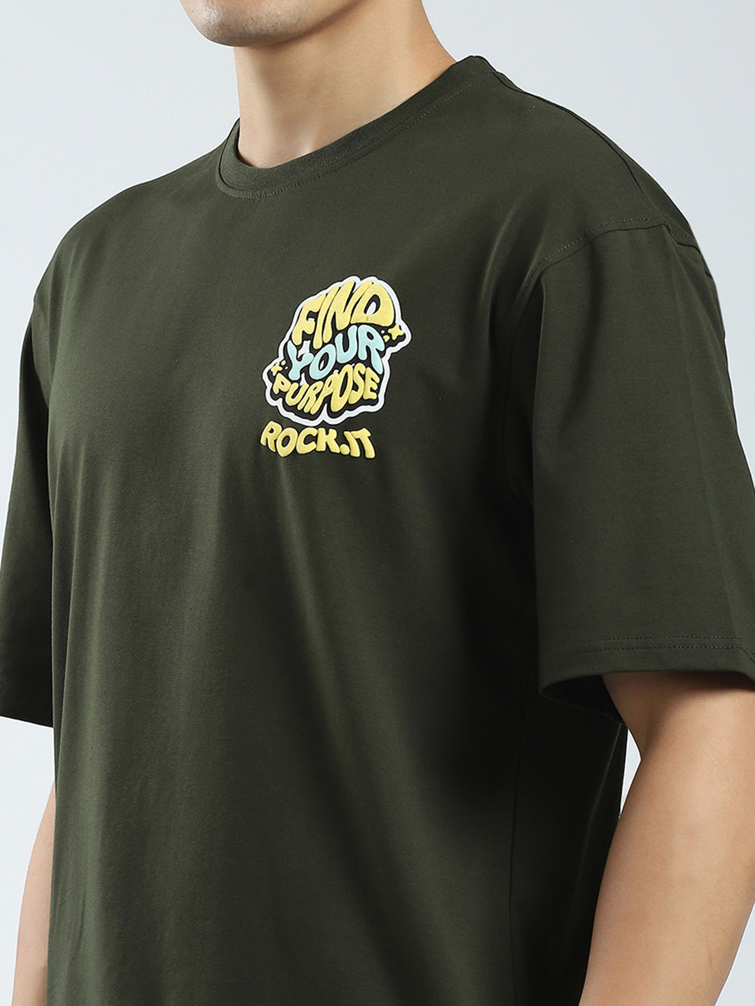 Rock.it Men Olive Printed Round Neck Half Sleeve T-Shirt