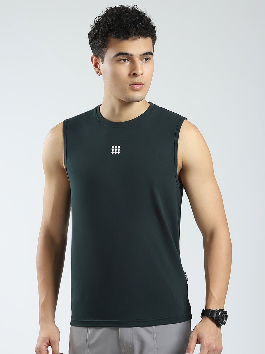 Rock.it Men Teal Blue Solid Round Neck Sleeveless T-Shirt