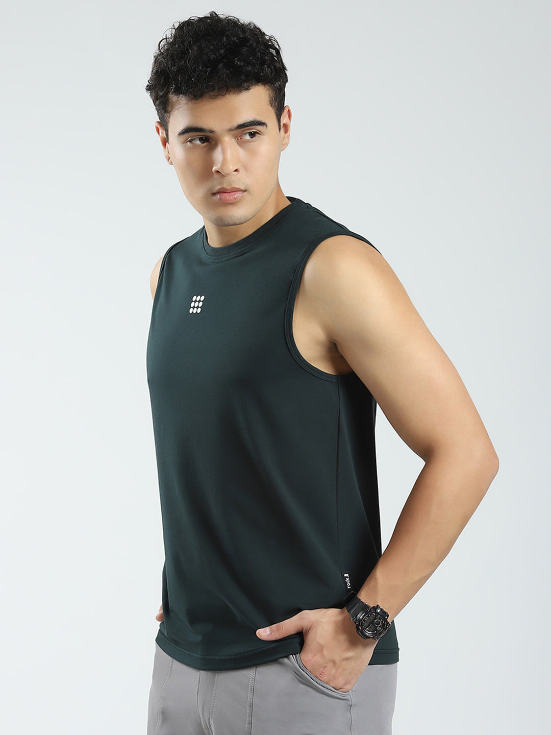 Rock.it Men Teal Blue Solid Round Neck Sleeveless T-Shirt