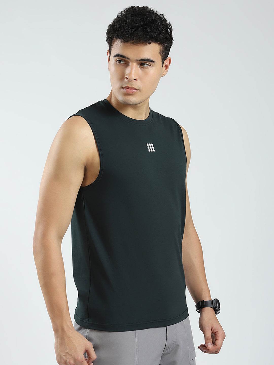 Rock.it Men Teal Blue Solid Round Neck Sleeveless T-Shirt