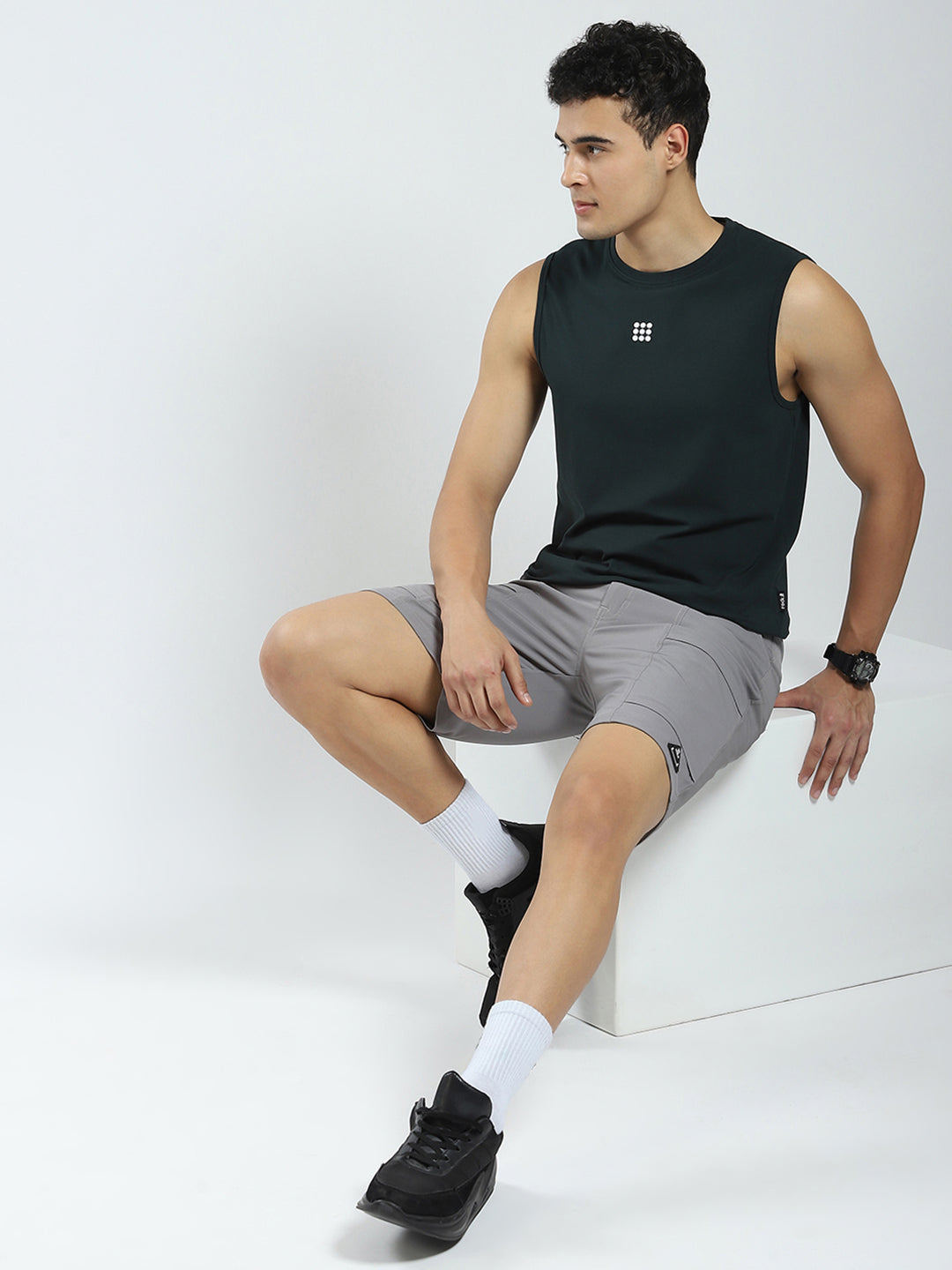 Rock.it Men Teal Blue Solid Round Neck Sleeveless T-Shirt