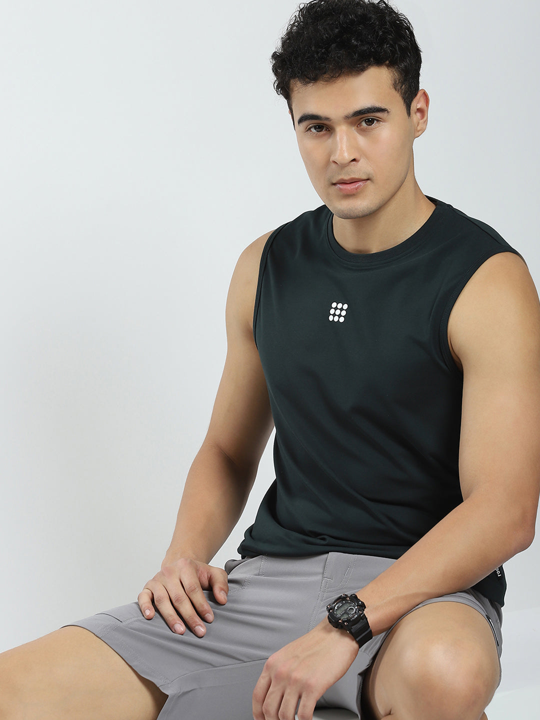 Rock.it Men Teal Blue Solid Round Neck Sleeveless T-Shirt