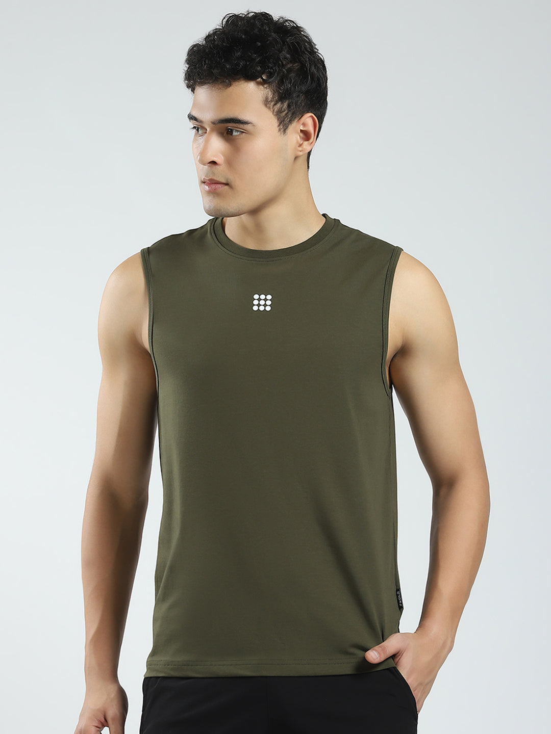 Rock.it Men Olive Solid Round Neck Sleeveless T-Shirt