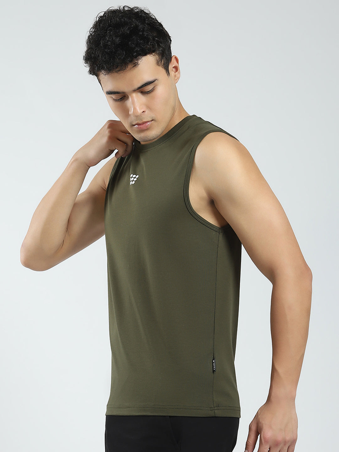 Rock.it Men Olive Solid Round Neck Sleeveless T-Shirt