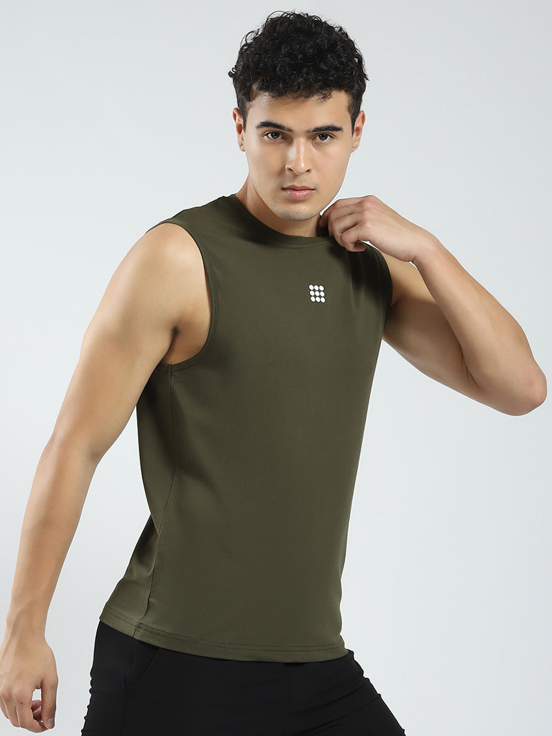 Rock.it Men Olive Solid Round Neck Sleeveless T-Shirt