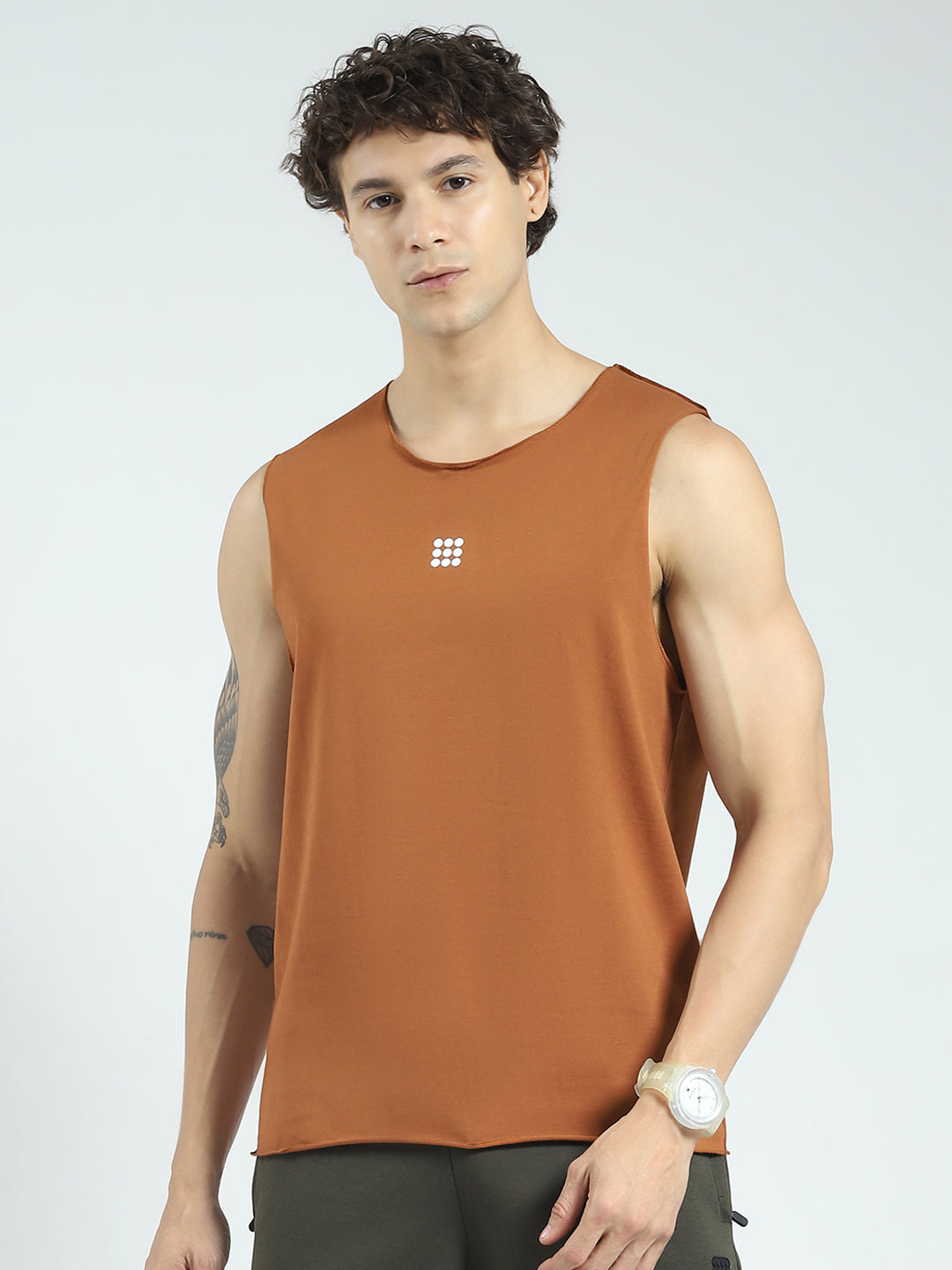 Rock.it Men Rust Solid Round Neck Sleeveless T-Shirt
