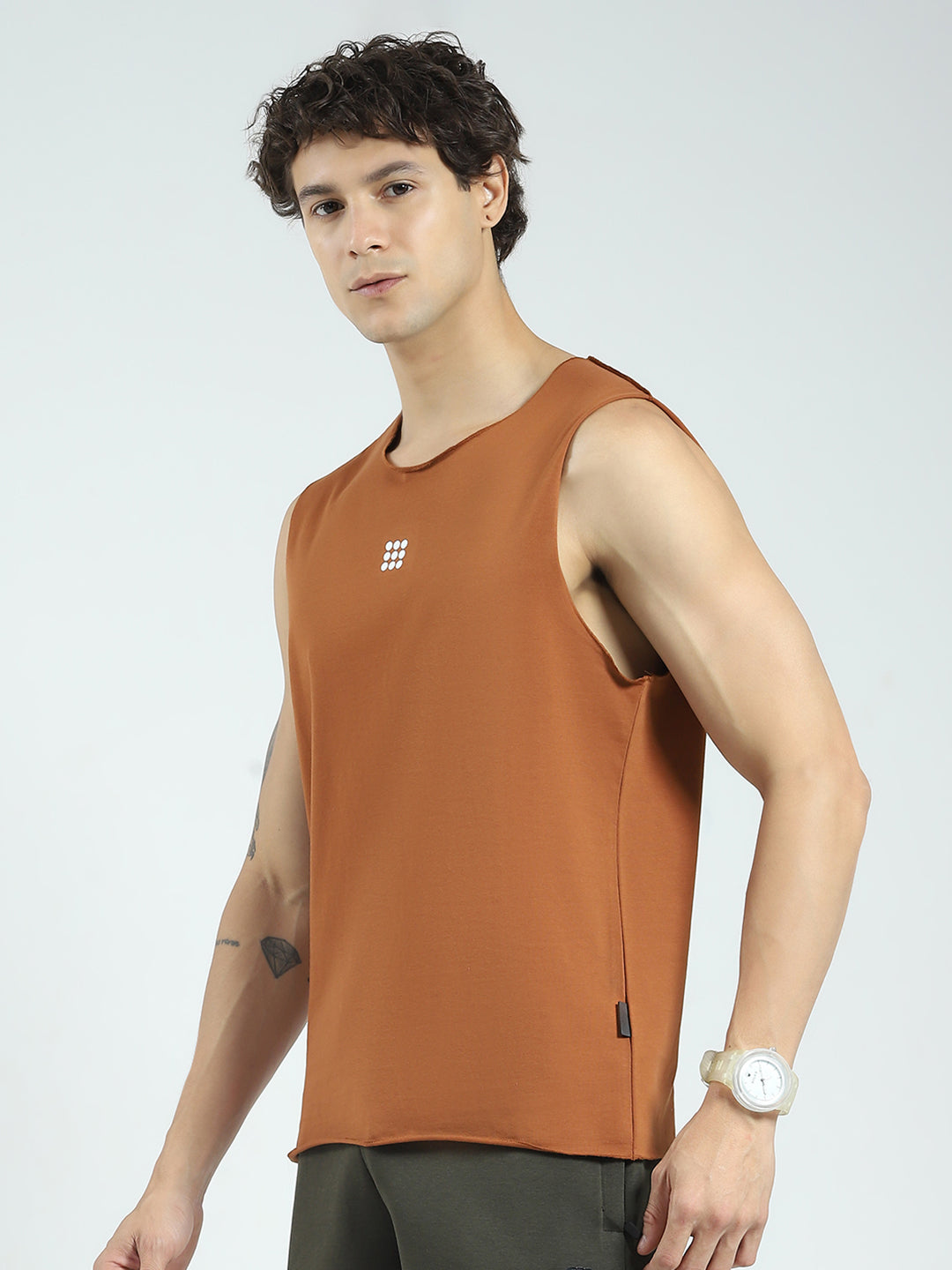 Rock.it Men Rust Solid Round Neck Sleeveless T-Shirt