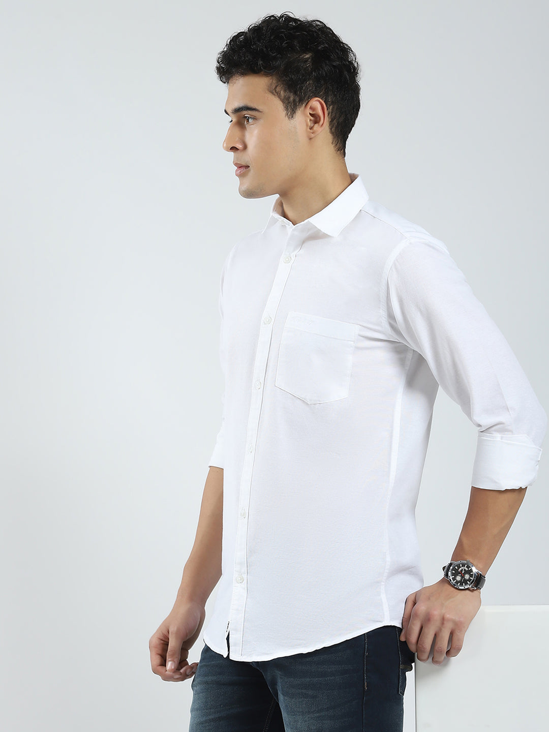 Rock.it Men White Solid Collar Full Sleeve Shirt