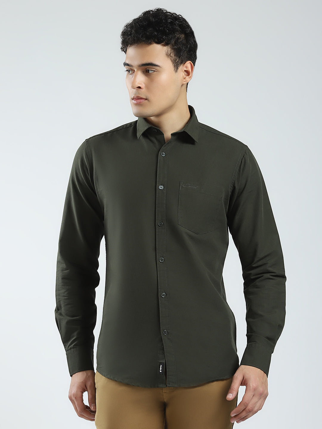 Rock.it Men Olive Solid Collar Full Sleeve Shirt
