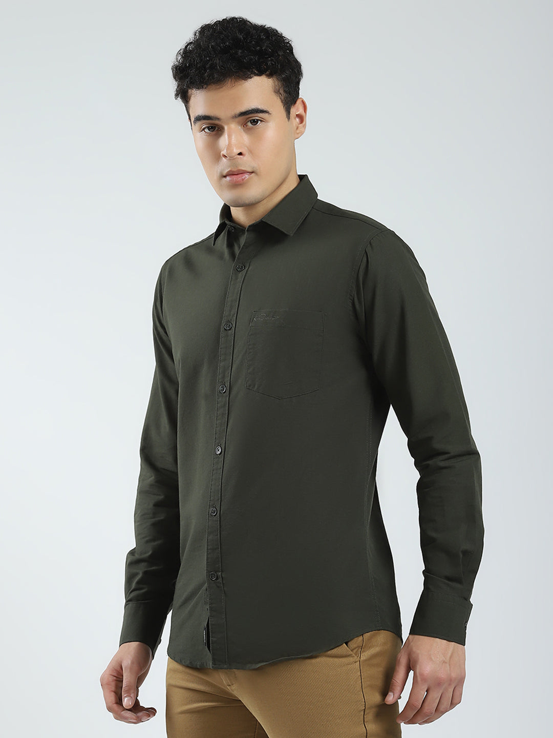 Rock.it Men Olive Solid Collar Full Sleeve Shirt