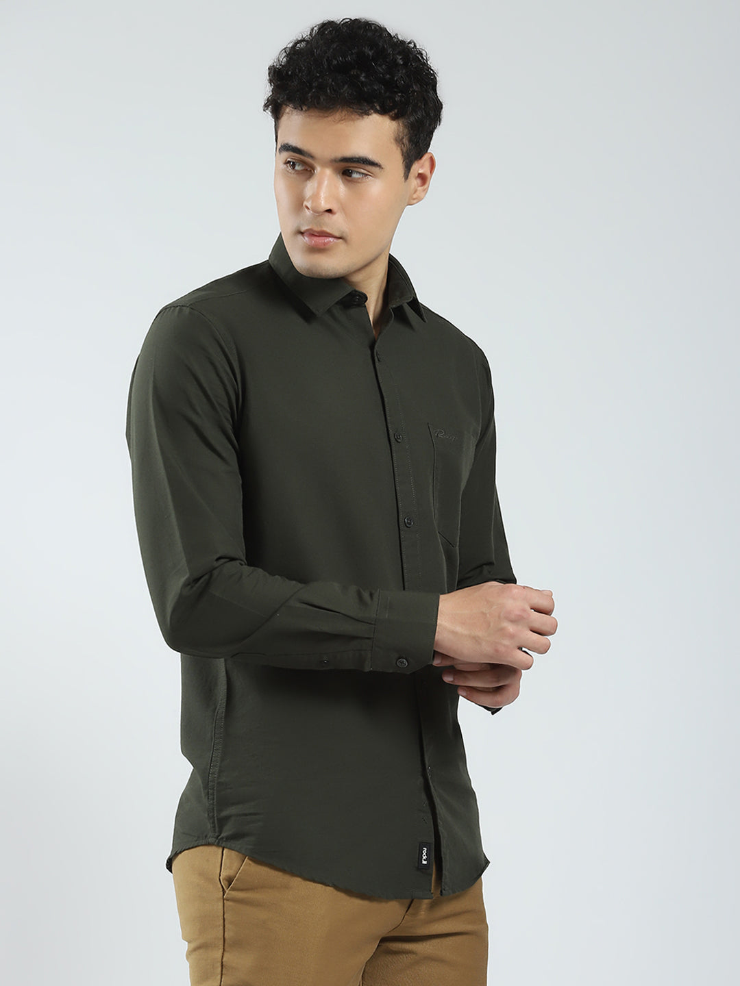 Rock.it Men Olive Solid Collar Full Sleeve Shirt