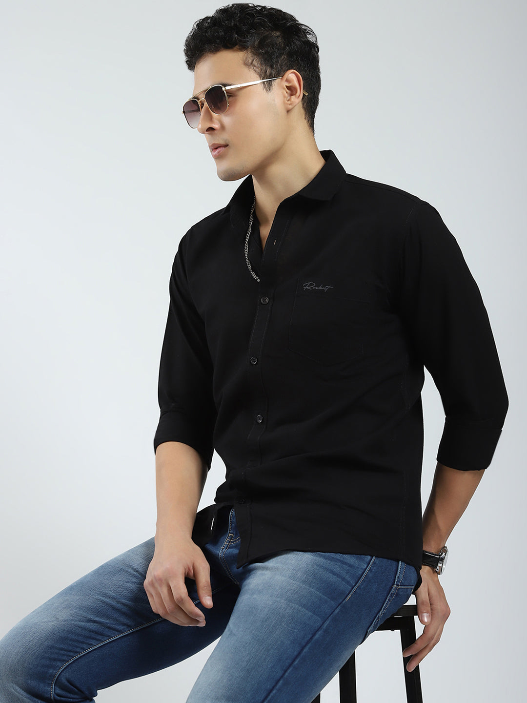Rock.it Men Black Solid Collar Full Sleeve Shirt